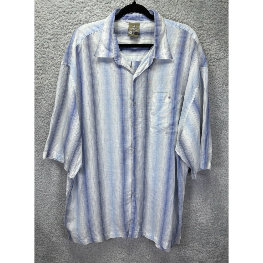 Jordan Craig Mens 2XL Blue White Striped Linen Short Sleeve Button Down Shirt